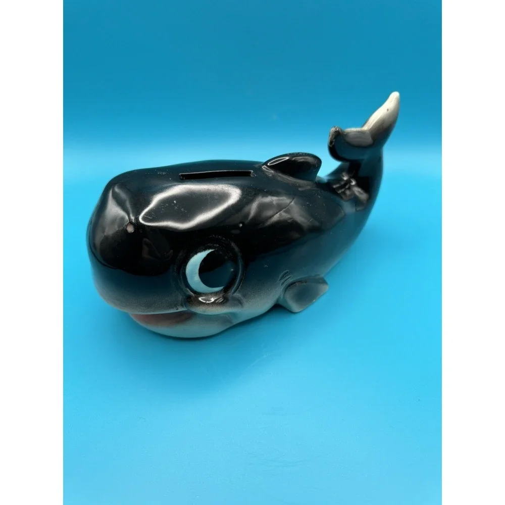 Vintage Whale‎ Ceramic Bank Figurine Piggy Coin Bank Anthropomorphic Happy Gray
